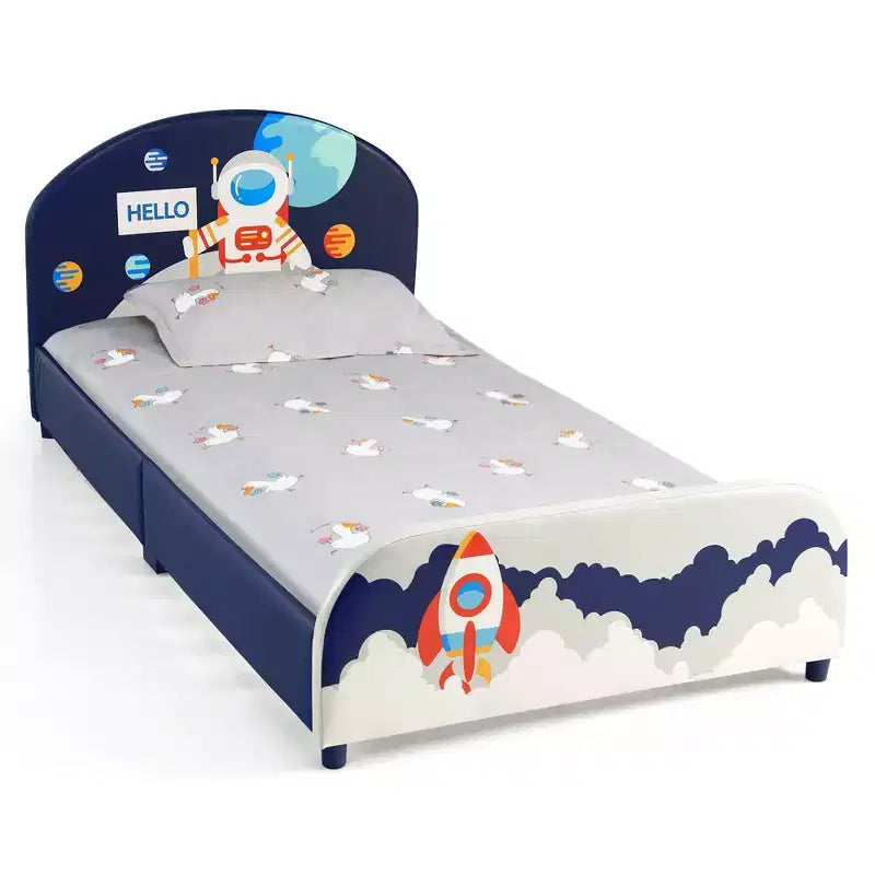 Costway Kids Upholstered Platform Bed Children Twin Size Wooden Bed Astronaut Pattern