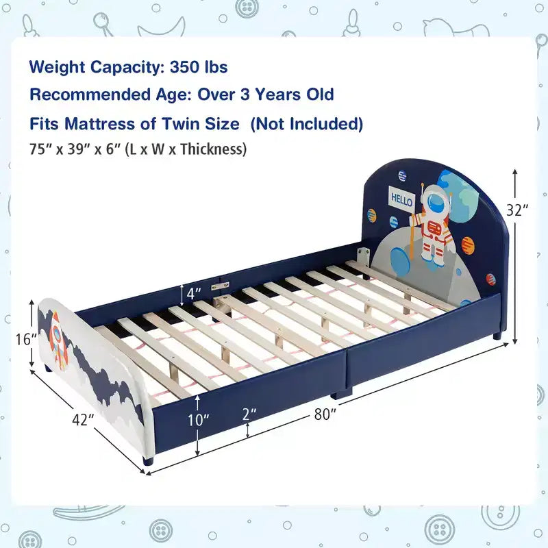 Costway Kids Upholstered Platform Bed Children Twin Size Wooden Bed Astronaut Pattern
