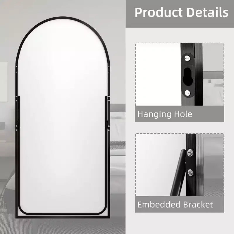 Miroir pleine longueur arqué à cadre métallique, miroir sur pied, miroir de coiffeuse.