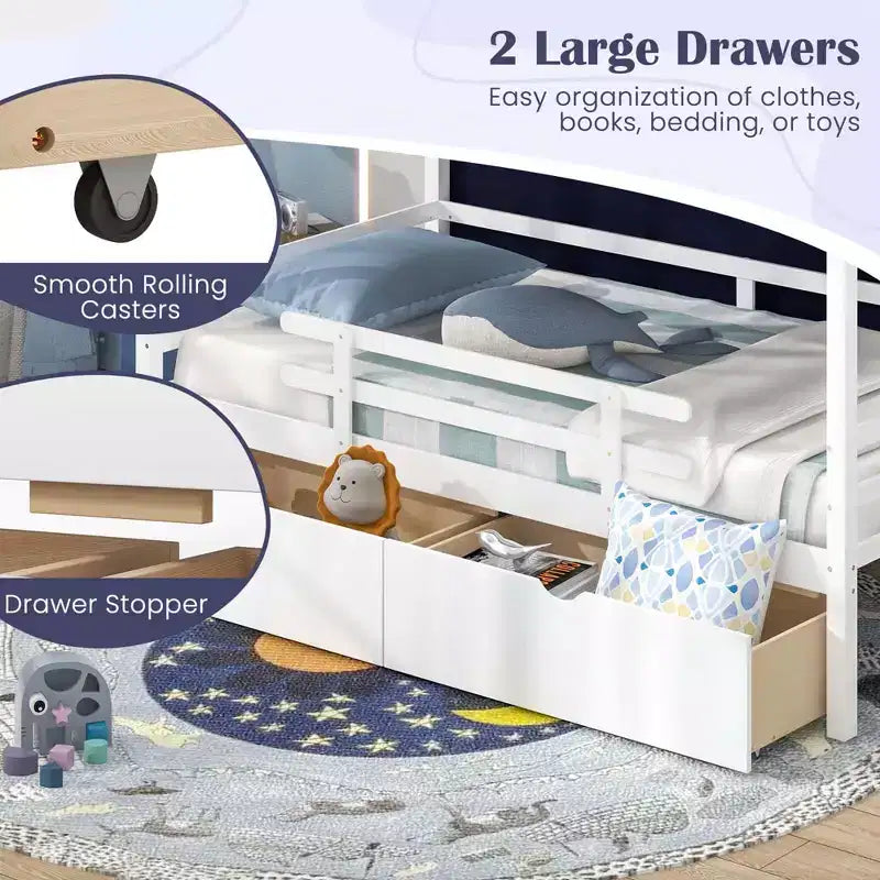 Costway Twin House Bed Solid Wood Playhouse Bed Low Loft Bed with Tent 2 Storage Drawers