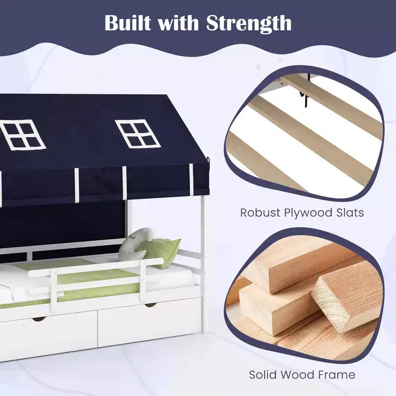 Costway Twin House Bed Solid Wood Playhouse Bed Low Loft Bed with Tent 2 Storage Drawers